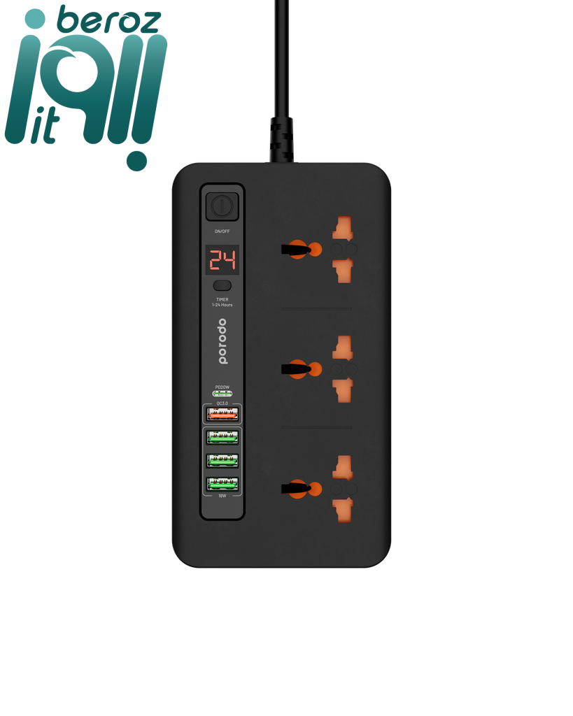 محافظ شوک الکتریکی و سه راهی پرودو مدل Porodo PD-FWCH013 بروز آی‌تی
