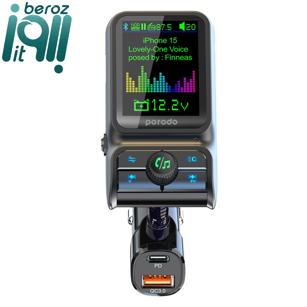 فرستنده FM خودرو مدل Porodo Dual Port Car Charger FM Transmitter PD 36W QC 18W (نسخه اصلی - ارسال 1 ساعته) بروز آی‌تی