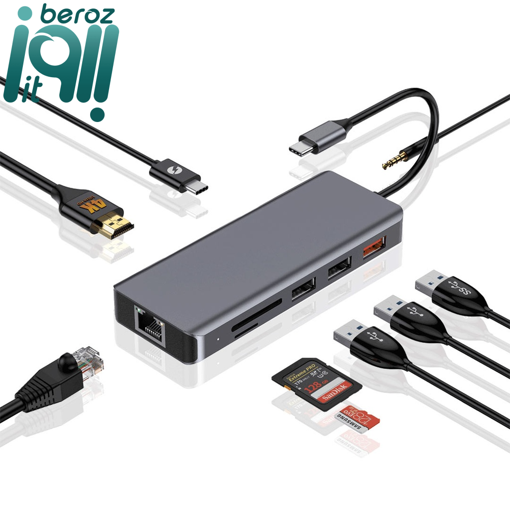 هاب porodo مدل 9in1 4K HDMI Ethernet USB-C Hub با توان 100 وات (اصلی - ارسال 1 ساعته) بروز آی‌تی