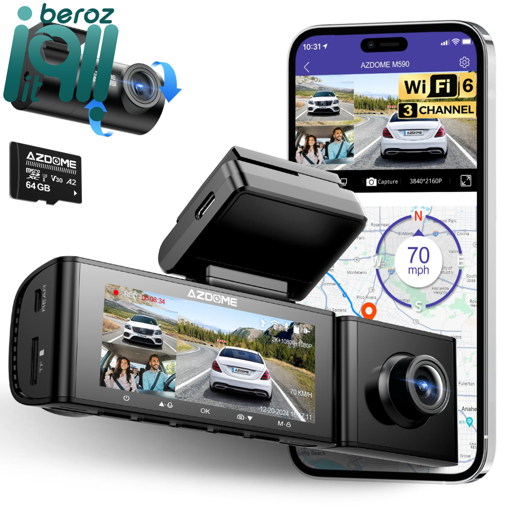 دوربین ثبت وقایع خودرو AZDOME M590 | سیستم ضبط سه کاناله هوشمند با کیفیت 4K